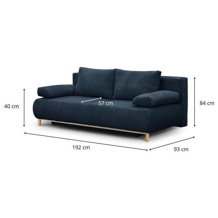 Banquette convertible 3 places MIKA - Velours côtelé bleu foncé - Coffre de rangement - L 192 x H 84 x P 93 cm Banquette convertible 3 places MIKA - Velours côtelé bleu foncé - Coffre de rangement - L 192 x H 84 x P 93 cm