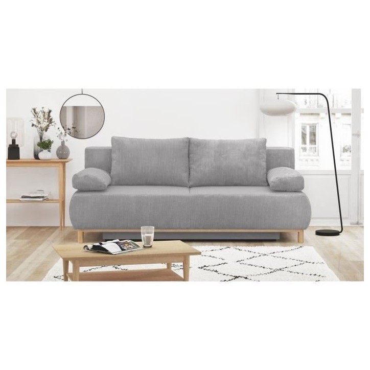 Banquette convertible 3 places MIKA - Velours côtelé gris clair - Coffre de rangement - L 192 x H 84 x P 93 cm Banquette convertible 3 places MIKA - Velours côtelé gris clair - Coffre de rangement - L 192 x H 84 x P 93 cm