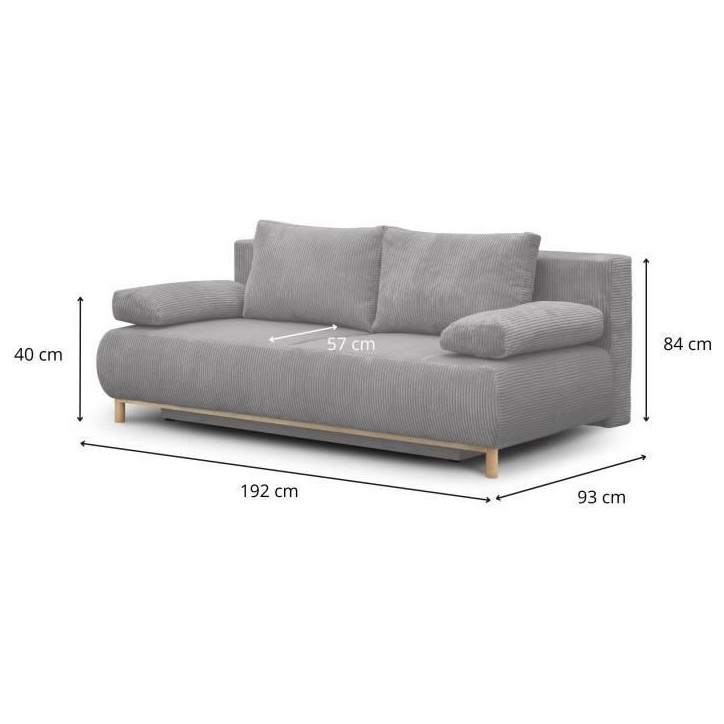 Banquette convertible 3 places MIKA - Velours côtelé gris clair - Coffre de rangement - L 192 x H 84 x P 93 cm Banquette convertible 3 places MIKA - Velours côtelé gris clair - Coffre de rangement - L 192 x H 84 x P 93 cm