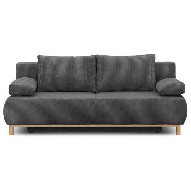 Banquette convertible 3 places MIKA - Velours côtelé gris foncé - Coffre de rangement - L 192 x H 84 x P 93 cm