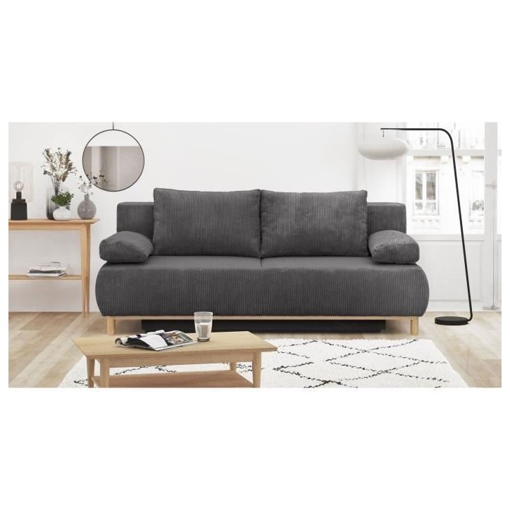 Banquette convertible 3 places MIKA - Velours côtelé gris foncé - Coffre de rangement - L 192 x H 84 x P 93 cm