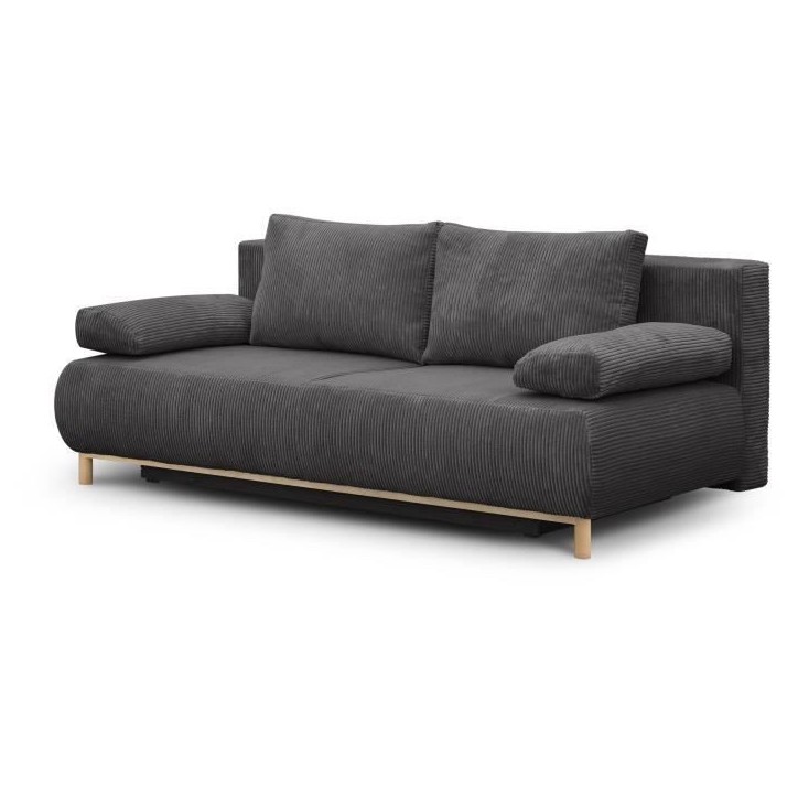 Banquette convertible 3 places MIKA - Velours côtelé gris foncé - Coffre de rangement - L 192 x H 84 x P 93 cm