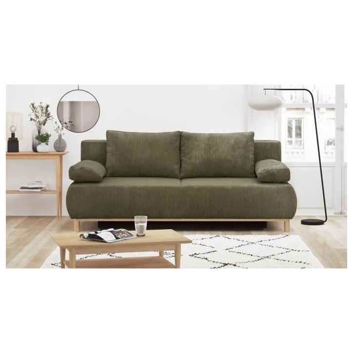 Banquette convertible 3 places MIKA - Velours côtelé vert kaki - Coffre de rangement - L 192 x H 84 x P 93 cm Banquette convertible 3 places MIKA - Velours côtelé vert kaki - Coffre de rangement - L 192 x H 84 x P 93 cm