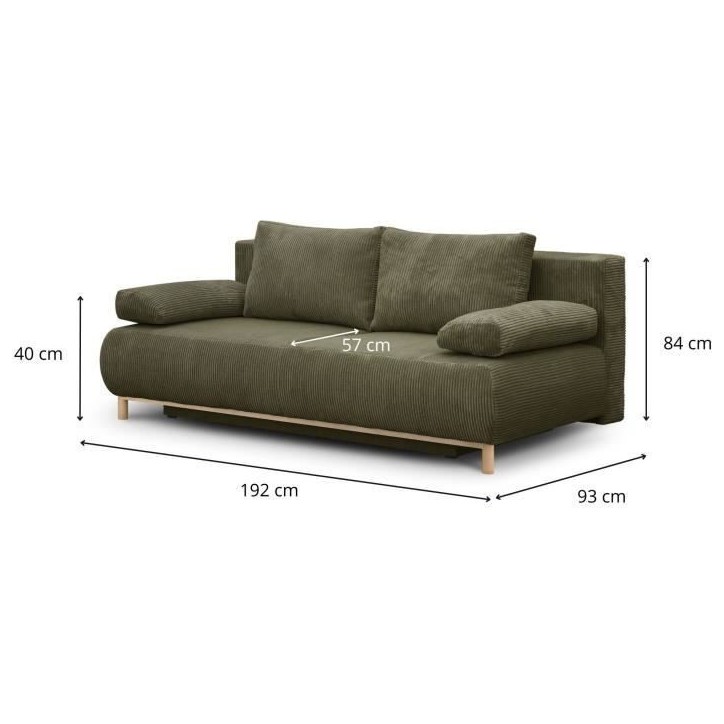 Banquette convertible 3 places MIKA - Velours côtelé vert kaki - Coffre de rangement - L 192 x H 84 x P 93 cm Banquette convertible 3 places MIKA - Velours côtelé vert kaki - Coffre de rangement - L 192 x H 84 x P 93 cm