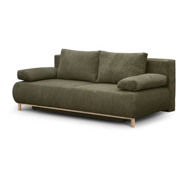 Banquette convertible 3 places MIKA - Velours côtelé vert kaki - Coffre de rangement - L 192 x H 84 x P 93 cm Banquette convertible 3 places MIKA - Velours côtelé vert kaki - Coffre de rangement - L 192 x H 84 x P 93 cm