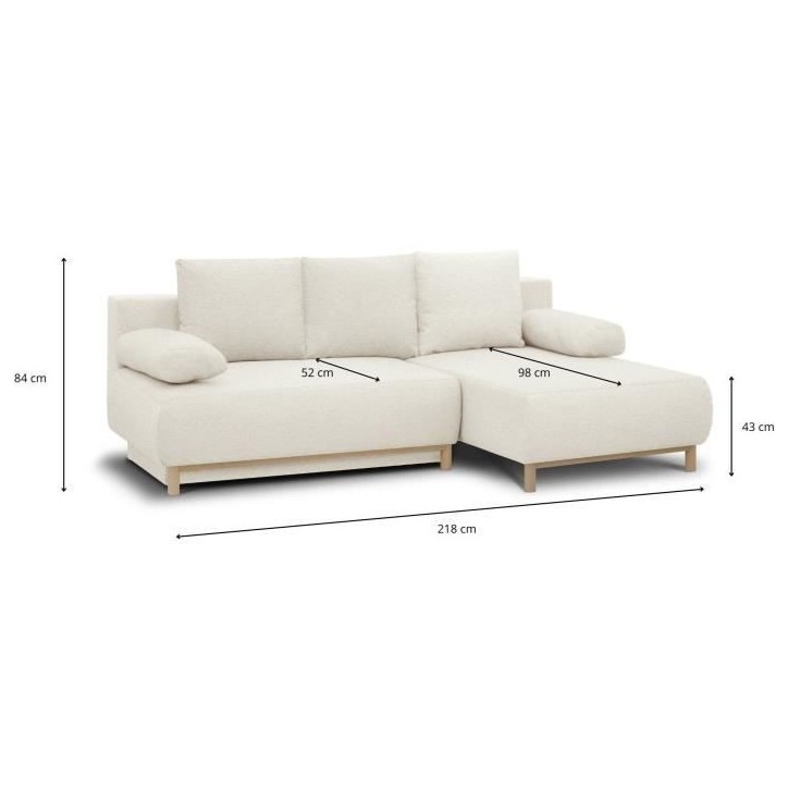 Canapé d'angle droit convertible - 3 places - MIKA - Tissu bouclettes écru - Coffre de rangement - 192 x 84 x 93 cm Canapé d'angle droit convertible - 3 places - MIKA - Tissu bouclettes écru - Coffre de rangement - 192 x 84 x 93 cm