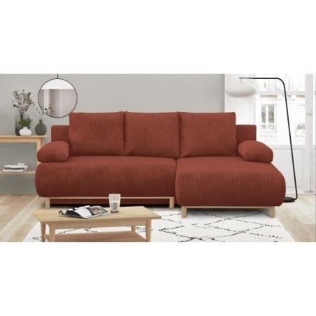 Canapé d'angle droit convertible - 3 places - MIKA - Tissu velours côtelé rouille - Coffre de rangement - 192 x 84 x 93 cm