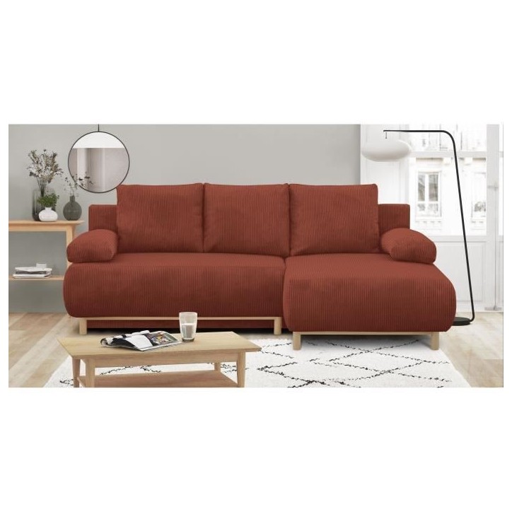 Canapé d'angle droit convertible - 3 places - MIKA - Tissu velours côtelé rouille - Coffre de rangement - 192 x 84 x 93 cm Canapé d'angle droit convertible - 3 places - MIKA - Tissu velours côtelé rouille - Coffre de rangement - 192 x 84 x 93 cm