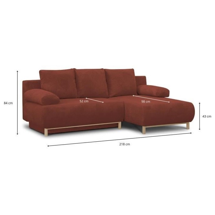 Canapé d'angle droit convertible - 3 places - MIKA - Tissu velours côtelé rouille - Coffre de rangement - 192 x 84 x 93 cm Canapé d'angle droit convertible - 3 places - MIKA - Tissu velours côtelé rouille - Coffre de rangement - 192 x 84 x 93 cm