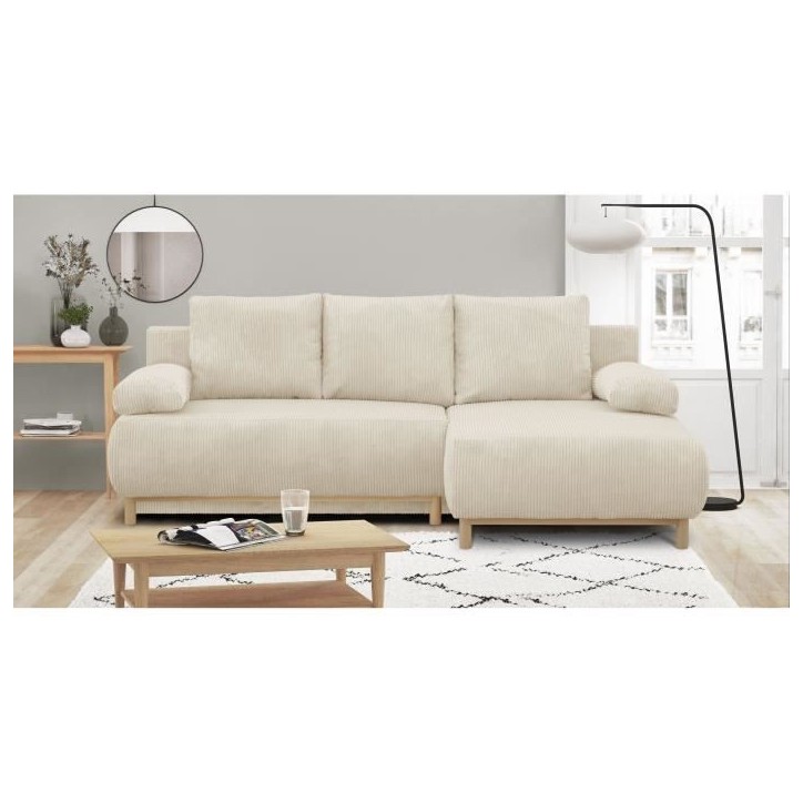 Canapé d'angle droit convertible MIKA 3 places - Velours côtelé beige - Coffre de rangement - L218 x P98/145 x H84 cm Canapé d'angle droit convertible MIKA 3 places - Velours côtelé beige - Coffre de rangement - L218 x P98/145 x H84 cm