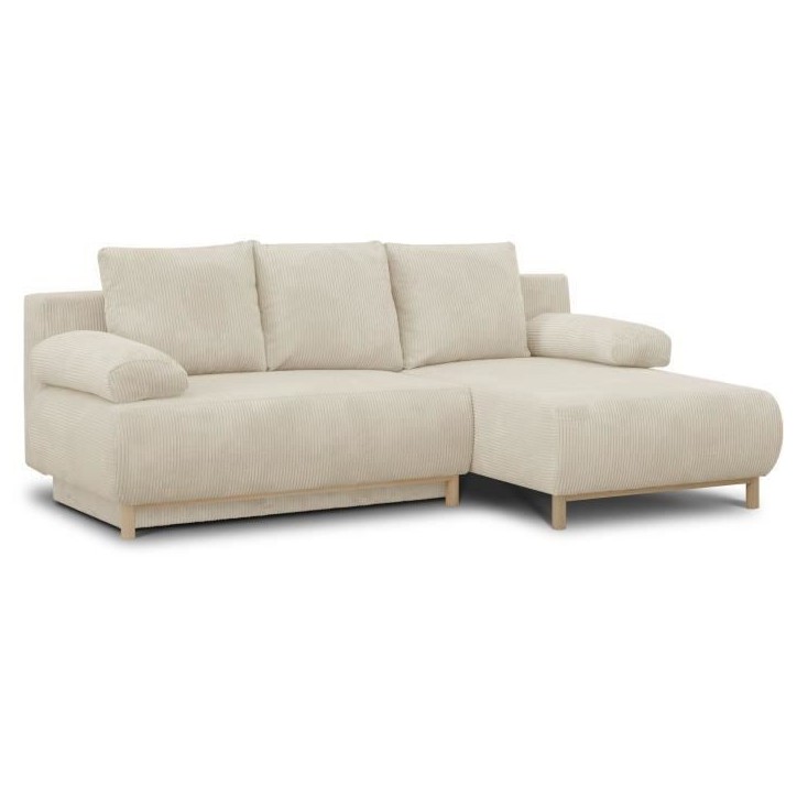 Canapé d'angle droit convertible MIKA 3 places - Velours côtelé beige - Coffre de rangement - L218 x P98/145 x H84 cm Canapé d'angle droit convertible MIKA 3 places - Velours côtelé beige - Coffre de rangement - L218 x P98/145 x H84 cm