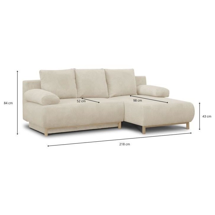 Canapé d'angle droit convertible MIKA 3 places - Velours côtelé beige - Coffre de rangement - L218 x P98/145 x H84 cm Canapé d'angle droit convertible MIKA 3 places - Velours côtelé beige - Coffre de rangement - L218 x P98/145 x H84 cm