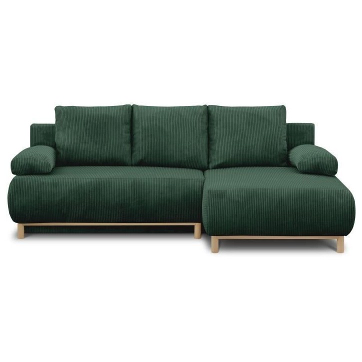 Canapé d'angle droite convertible - 3 places - MIKA - Tissu velours côtelé vert foncé - Coffre de rangement - 192 x 84 x 93 Canapé d'angle droite convertible - 3 places - MIKA - Tissu velours côtelé vert foncé - Coffre de rangement - 192 x 84 x 93