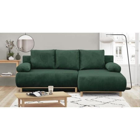 Canapé d'angle droite convertible - 3 places - MIKA - Tissu velours côtelé vert foncé - Coffre de rangement - 192 x 84 x 93