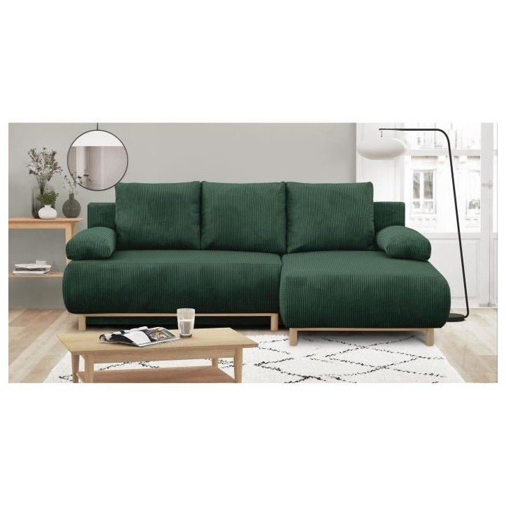 Canapé d'angle droite convertible - 3 places - MIKA - Tissu velours côtelé vert foncé - Coffre de rangement - 192 x 84 x 93 Canapé d'angle droite convertible - 3 places - MIKA - Tissu velours côtelé vert foncé - Coffre de rangement - 192 x 84 x 93