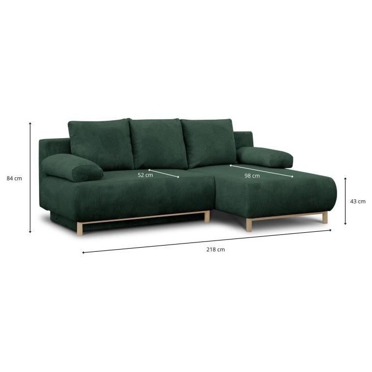 Canapé d'angle droite convertible - 3 places - MIKA - Tissu velours côtelé vert foncé - Coffre de rangement - 192 x 84 x 93 Canapé d'angle droite convertible - 3 places - MIKA - Tissu velours côtelé vert foncé - Coffre de rangement - 192 x 84 x 93