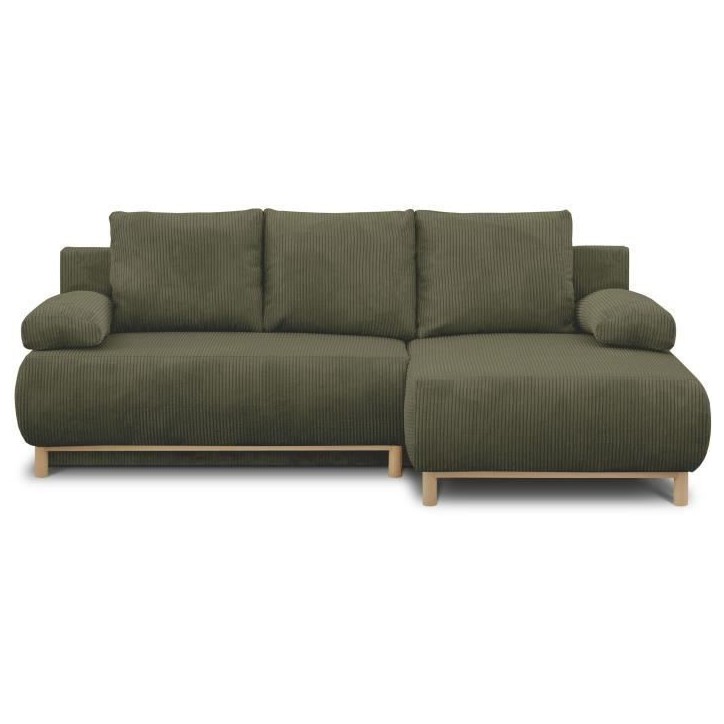 Canapé d'angle droit convertible - 3 places - MIKA - Tissu velours côtelé vert kaki - Coffre de rangement - 192 x 84 x 93 cm