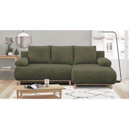Canapé d'angle droit convertible - 3 places - MIKA - Tissu velours côtelé vert kaki - Coffre de rangement - 192 x 84 x 93 cm