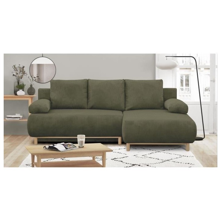 Canapé d'angle droit convertible - 3 places - MIKA - Tissu velours côtelé vert kaki - Coffre de rangement - 192 x 84 x 93 cm