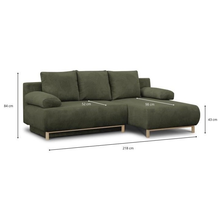 Canapé d'angle droit convertible - 3 places - MIKA - Tissu velours côtelé vert kaki - Coffre de rangement - 192 x 84 x 93 cm