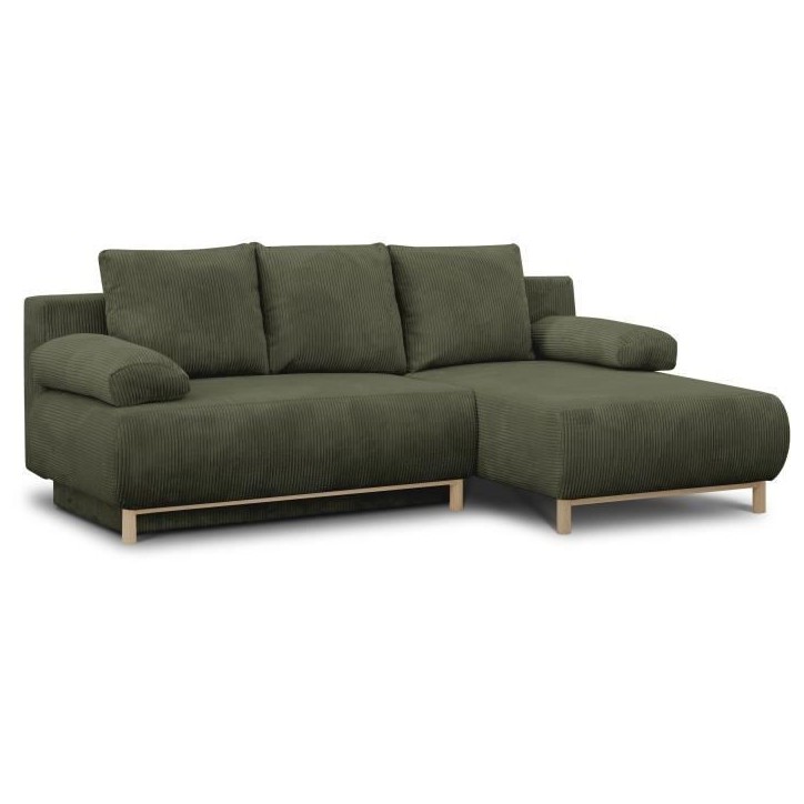 Canapé d'angle droit convertible - 3 places - MIKA - Tissu velours côtelé vert kaki - Coffre de rangement - 192 x 84 x 93 cm