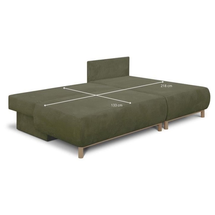 Canapé d'angle droit convertible - 3 places - MIKA - Tissu velours côtelé vert kaki - Coffre de rangement - 192 x 84 x 93 cm