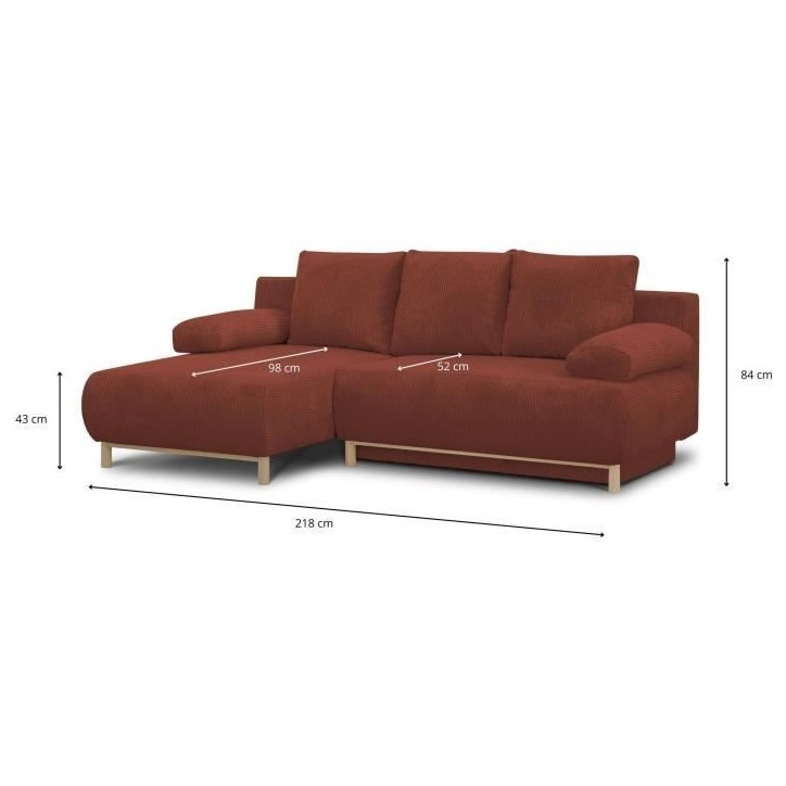 Canapé d'angle gauche convertible - 3 places - MIKA - Tissu velours côtelé rouille - Coffre de rangement - 192 x 84 x 93 cm