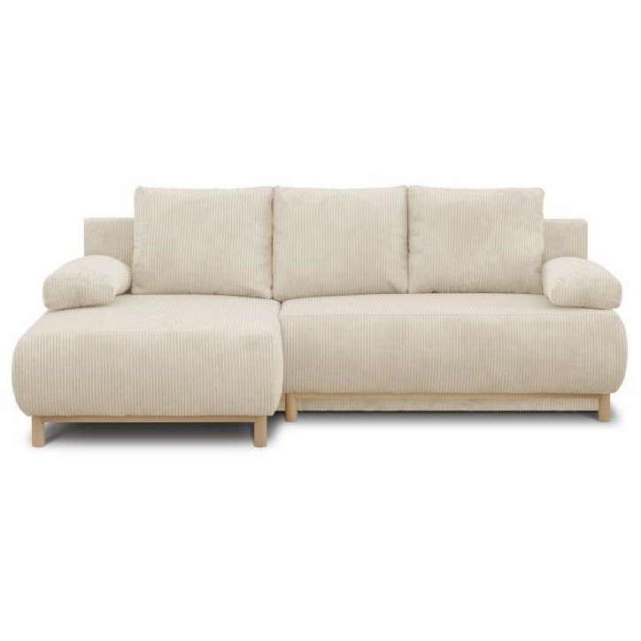 Canapé d'angle gauche convertible MIKA 3 places - Velours côtelé beige - Coffre de rangement - L218 x P98/145 x H84 cm Canapé d'angle gauche convertible MIKA 3 places - Velours côtelé beige - Coffre de rangement - L218 x P98/145 x H84 cm
