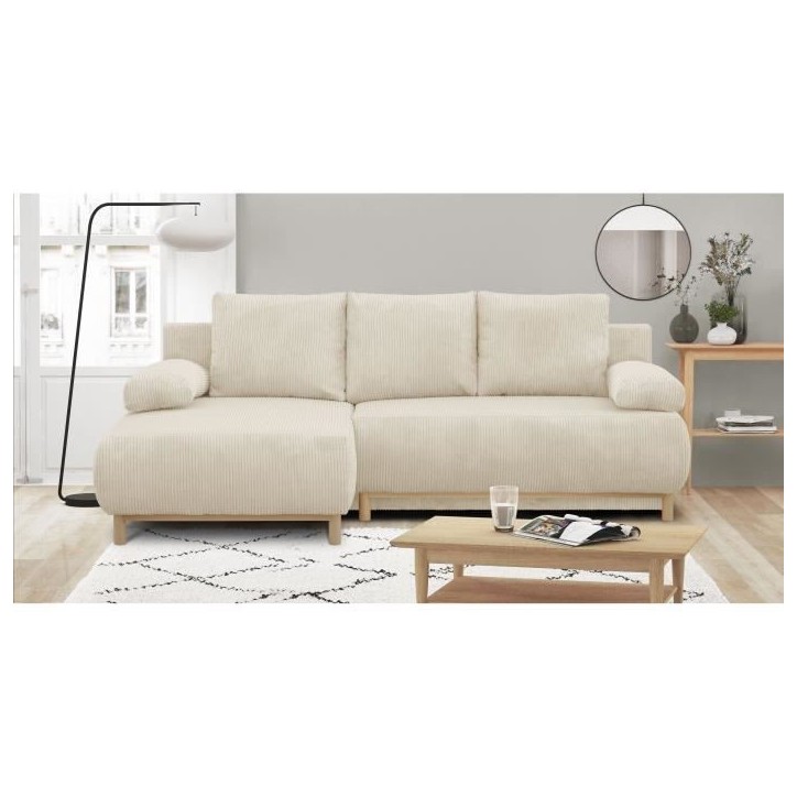 Canapé d'angle gauche convertible MIKA 3 places - Velours côtelé beige - Coffre de rangement - L218 x P98/145 x H84 cm Canapé d'angle gauche convertible MIKA 3 places - Velours côtelé beige - Coffre de rangement - L218 x P98/145 x H84 cm