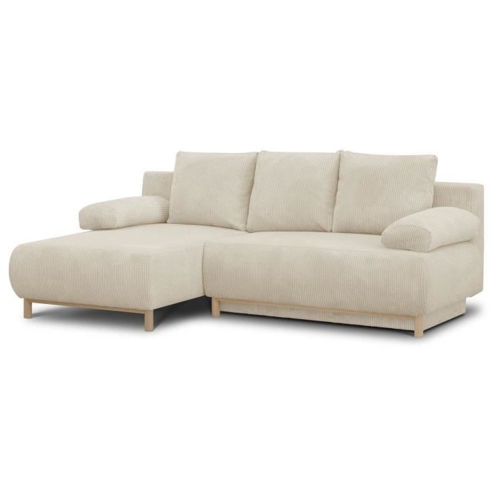 Canapé d'angle gauche convertible MIKA 3 places - Velours côtelé beige - Coffre de rangement - L218 x P98/145 x H84 cm Canapé d'angle gauche convertible MIKA 3 places - Velours côtelé beige - Coffre de rangement - L218 x P98/145 x H84 cm
