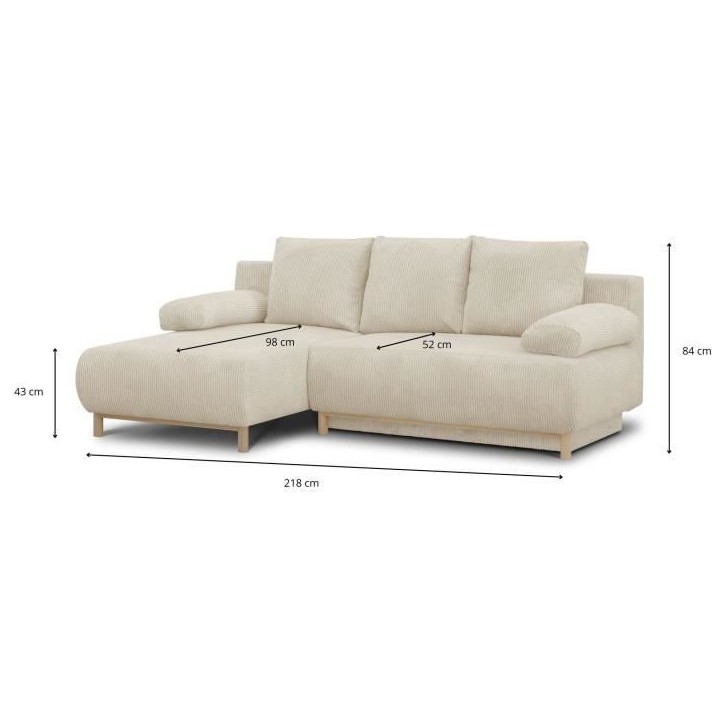 Canapé d'angle gauche convertible MIKA 3 places - Velours côtelé beige - Coffre de rangement - L218 x P98/145 x H84 cm Canapé d'angle gauche convertible MIKA 3 places - Velours côtelé beige - Coffre de rangement - L218 x P98/145 x H84 cm