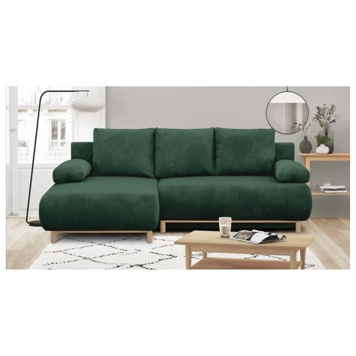 Canapé d'angle gauche convertible - 3 places - MIKA - Tissu velours côtelé vert foncé - Coffre de rangement - 192 x 84 x 93 Canapé d'angle gauche convertible - 3 places - MIKA - Tissu velours côtelé vert foncé - Coffre de rangement - 192 x 84 x 93