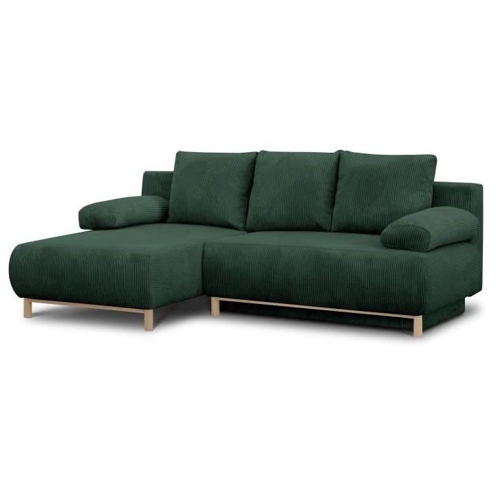 Canapé d'angle gauche convertible - 3 places - MIKA - Tissu velours côtelé vert foncé - Coffre de rangement - 192 x 84 x 93 Canapé d'angle gauche convertible - 3 places - MIKA - Tissu velours côtelé vert foncé - Coffre de rangement - 192 x 84 x 93