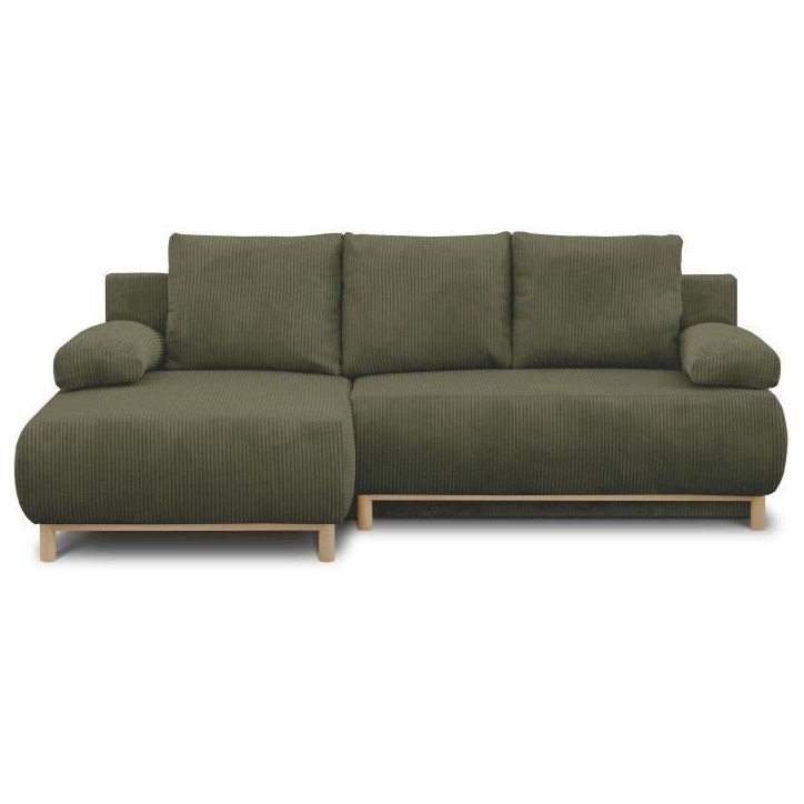 Canapé d'angle gauche convertible - 3 places - MIKA - Tissu velours côtelé vert kaki - Coffre de rangement - 192 x 84 x 93 cm