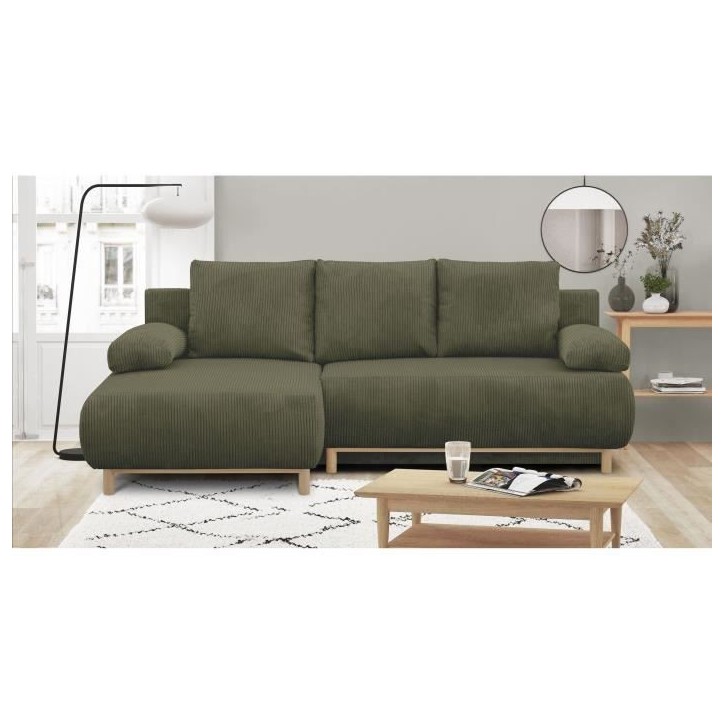 Canapé d'angle gauche convertible - 3 places - MIKA - Tissu velours côtelé vert kaki - Coffre de rangement - 192 x 84 x 93 cm