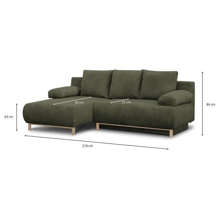 Canapé d'angle gauche convertible - 3 places - MIKA - Tissu velours côtelé vert kaki - Coffre de rangement - 192 x 84 x 93 cm