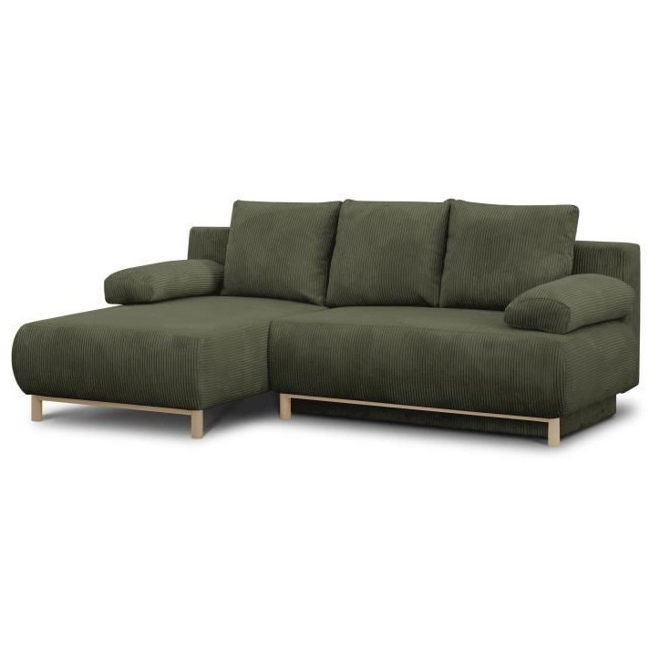Canapé d'angle gauche convertible - 3 places - MIKA - Tissu velours côtelé vert kaki - Coffre de rangement - 192 x 84 x 93 cm