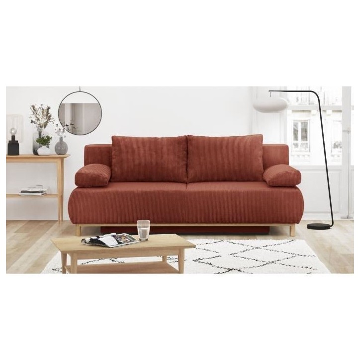 Banquette convertible 3 places MIKA - Velours côtelé Terracotta - Coffre de rangement - L 192 x H 84 x P 93 cm Banquette convertible 3 places MIKA - Velours côtelé Terracotta - Coffre de rangement - L 192 x H 84 x P 93 cm