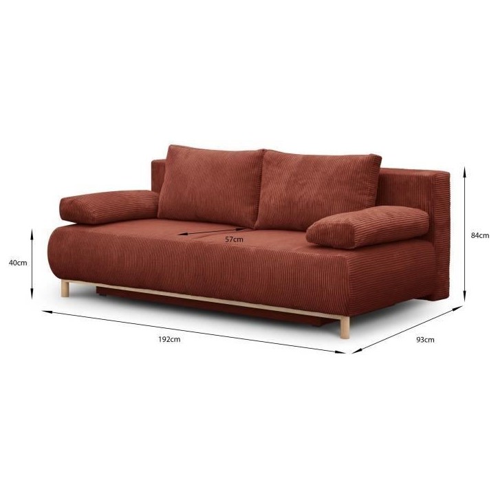 Banquette convertible 3 places MIKA - Velours côtelé Terracotta - Coffre de rangement - L 192 x H 84 x P 93 cm Banquette convertible 3 places MIKA - Velours côtelé Terracotta - Coffre de rangement - L 192 x H 84 x P 93 cm
