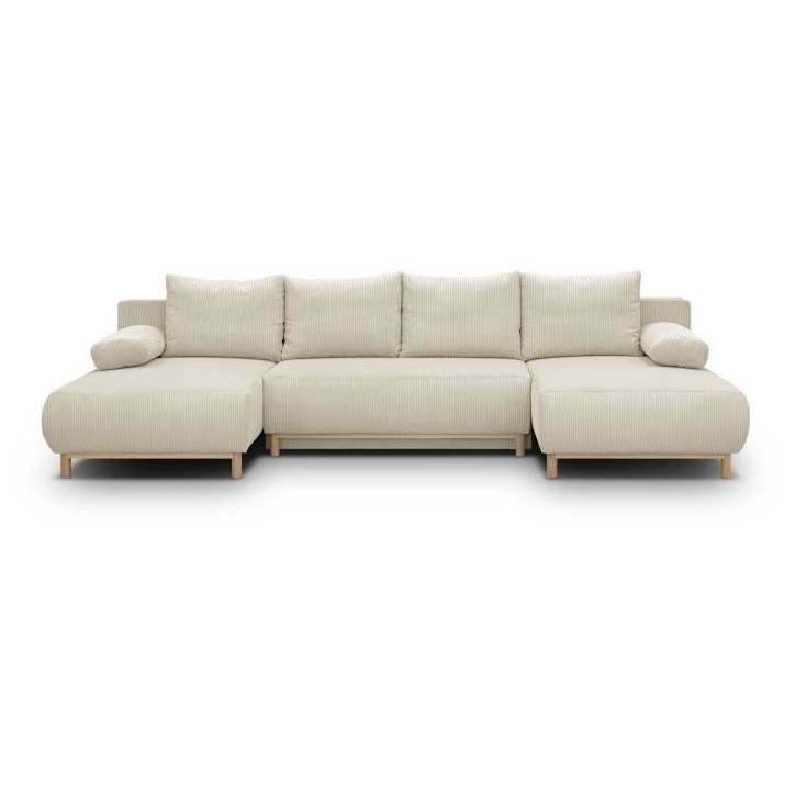 Canapé panoramique convertible - 6 places - MIKA - Velours côtelé Beige - Coffre de rangement - 313 x 84 x 145 cm Canapé panoramique convertible - 6 places - MIKA - Velours côtelé Beige - Coffre de rangement - 313 x 84 x 145 cm