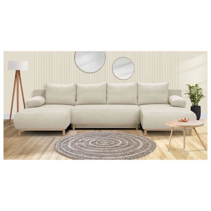 Canapé panoramique convertible - 6 places - MIKA - Velours côtelé Beige - Coffre de rangement - 313 x 84 x 145 cm Canapé panoramique convertible - 6 places - MIKA - Velours côtelé Beige - Coffre de rangement - 313 x 84 x 145 cm