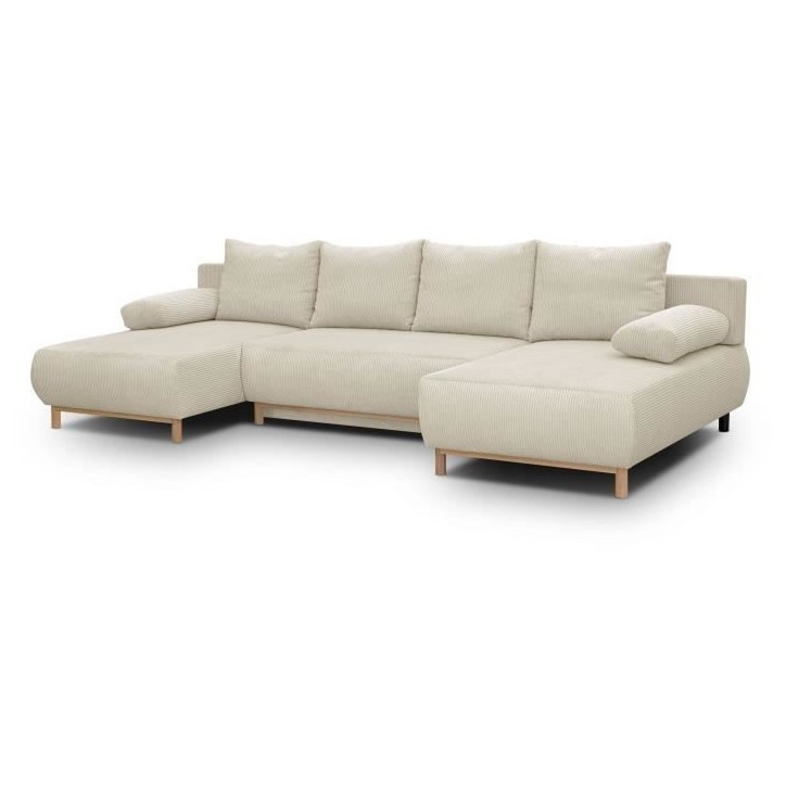 Canapé panoramique convertible - 6 places - MIKA - Velours côtelé Beige - Coffre de rangement - 313 x 84 x 145 cm Canapé panoramique convertible - 6 places - MIKA - Velours côtelé Beige - Coffre de rangement - 313 x 84 x 145 cm