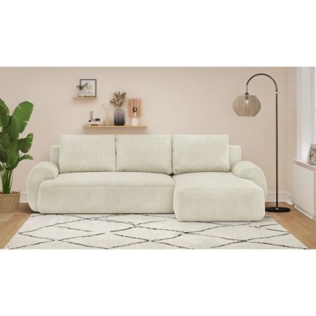 Canapé d'angle droit convertible 4/5 places MILO - Velours côtelés beige - Coffre de rangement - L 264 x H 84 x P 99/145 cm