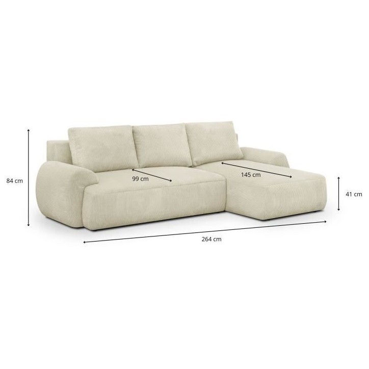 Canapé d'angle droit convertible 4/5 places MILO - Velours côtelés beige - Coffre de rangement - L 264 x H 84 x P 99/145 cm Canapé d'angle droit convertible 4/5 places MILO - Velours côtelés beige - Coffre de rangement - L 264 x H 84 x P 99/145 cm