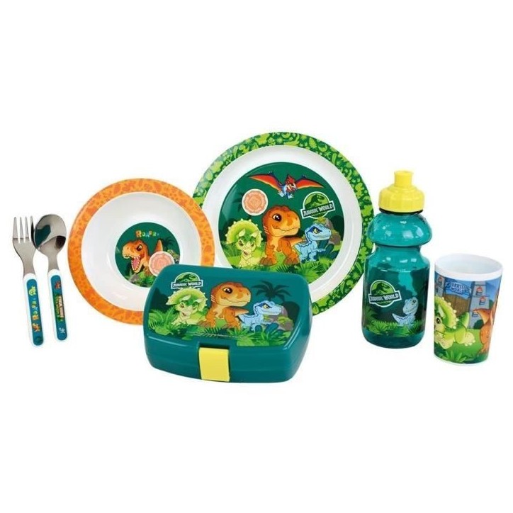 JURASSIC WORLD - Lot vaisselle pour enfant avec verre, assiette creuse, assiette, couverts, gourde et boite gouter JURASSIC WORLD - Lot vaisselle pour enfant avec verre, assiette creuse, assiette, couverts, gourde et boite gouter