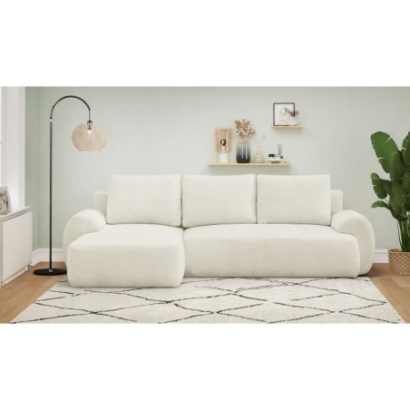 Canapé d'angle gauche convertible 4/5 places MILO - Tissu bouclette beige clair - Coffre de rangement - L 264 x H 84 x P 99/145