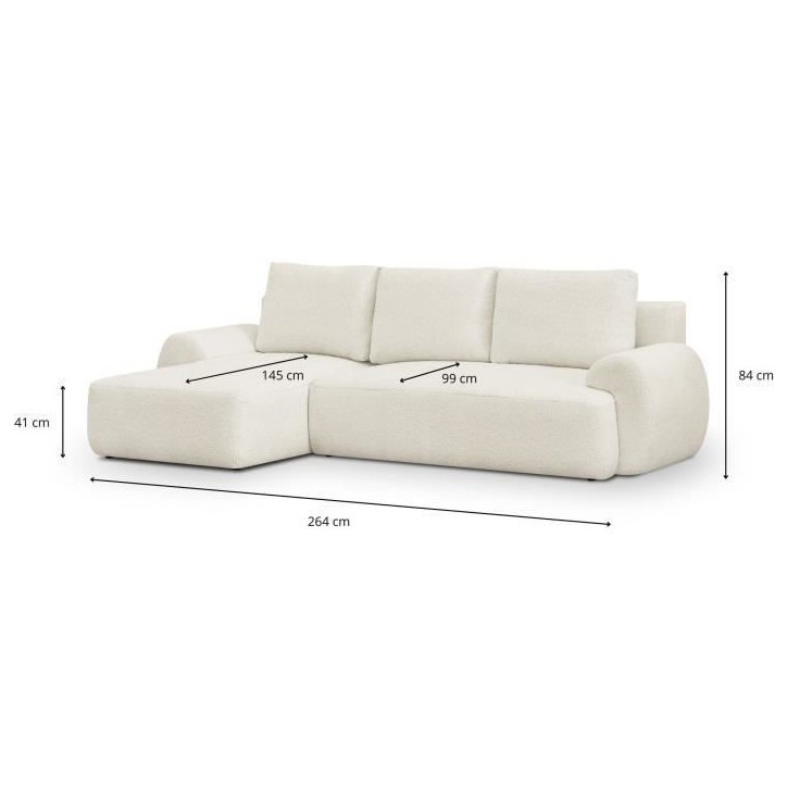 Canapé d'angle gauche convertible 4/5 places MILO - Tissu bouclette beige clair - Coffre de rangement - L 264 x H 84 x P 99/145 Canapé d'angle gauche convertible 4/5 places MILO - Tissu bouclette beige clair - Coffre de rangement - L 264 x H 84 x P 99/145