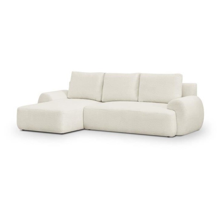 Canapé d'angle gauche convertible 4/5 places MILO - Tissu bouclette beige clair - Coffre de rangement - L 264 x H 84 x P 99/145 Canapé d'angle gauche convertible 4/5 places MILO - Tissu bouclette beige clair - Coffre de rangement - L 264 x H 84 x P 99/145