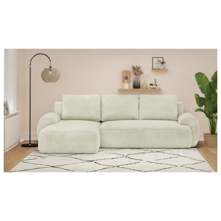 Canapé d'angle gauche convertible 4/5 places MILO - Velours côtelés beige - Coffre de rangement - L 264 x H 84 x P 99/145 cm Canapé d'angle gauche convertible 4/5 places MILO - Velours côtelés beige - Coffre de rangement - L 264 x H 84 x P 99/145 cm