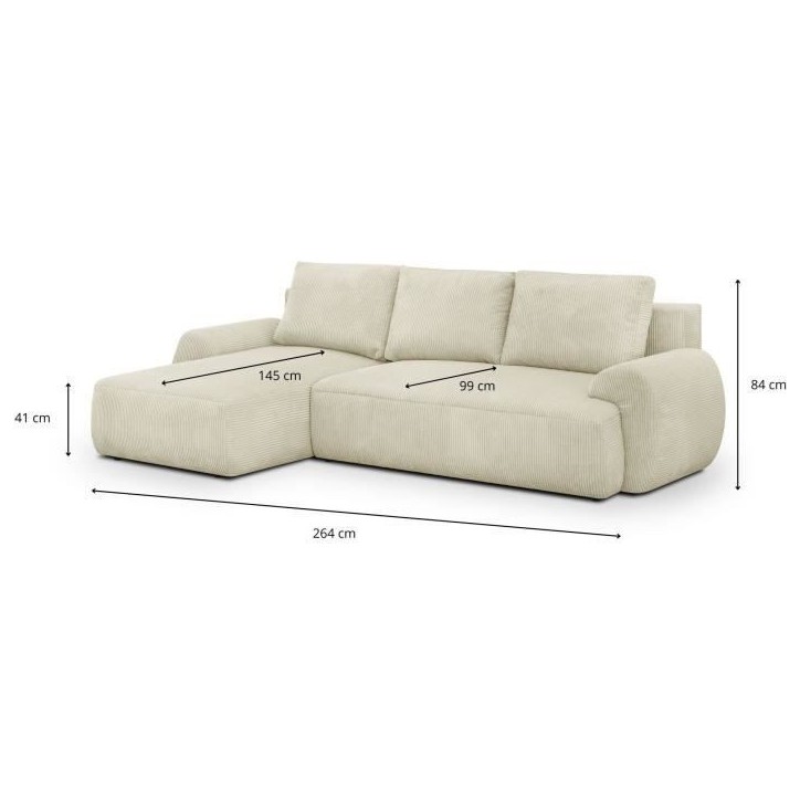 Canapé d'angle gauche convertible 4/5 places MILO - Velours côtelés beige - Coffre de rangement - L 264 x H 84 x P 99/145 cm Canapé d'angle gauche convertible 4/5 places MILO - Velours côtelés beige - Coffre de rangement - L 264 x H 84 x P 99/145 cm